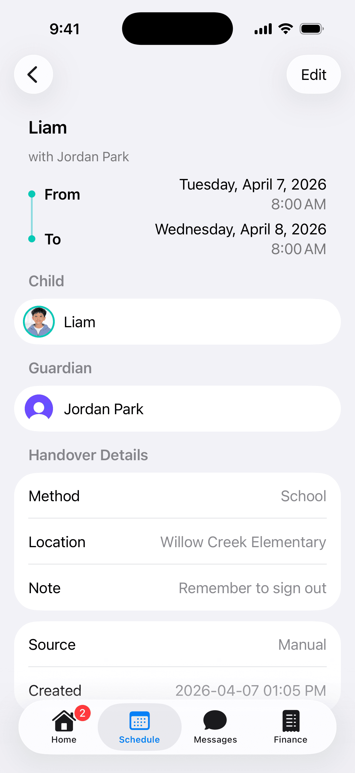 Handover details screenshot